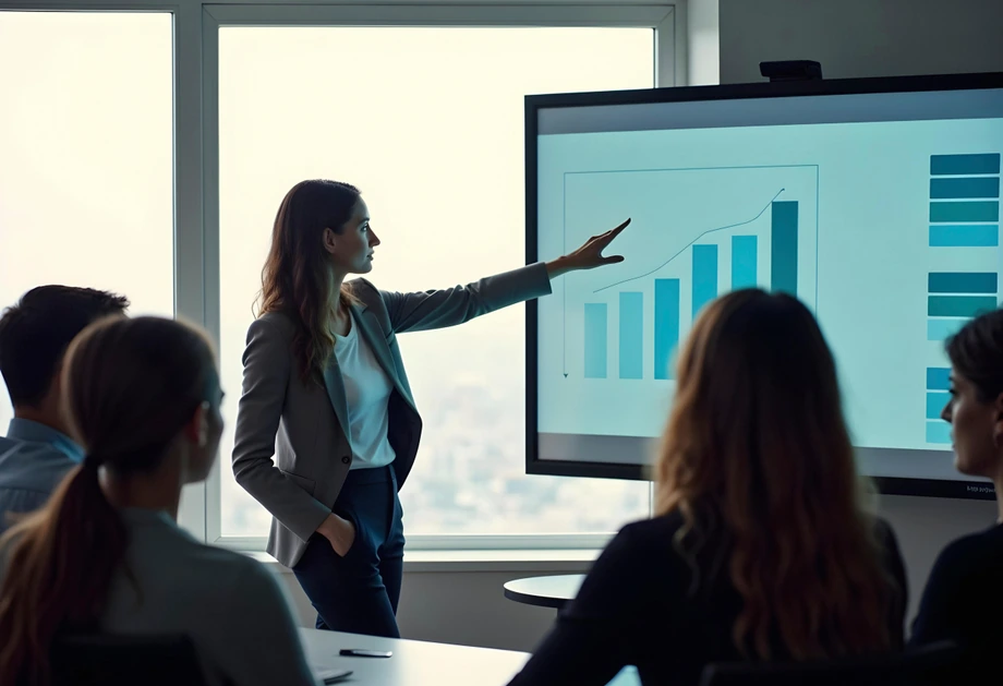 Contadora apresentando o gráfico de crescimento da empresa em uma reunião